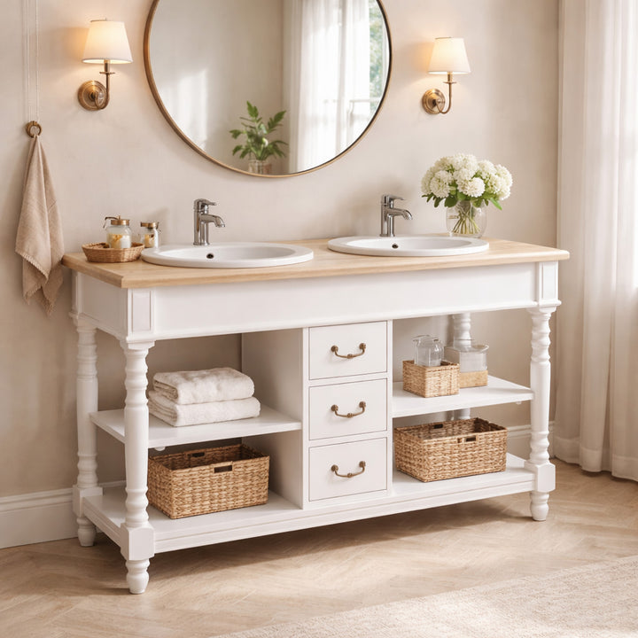 Meuble de salle de bain double vasque blanc avec plateau en bois clair, étagères ouvertes et tiroirs centraux dans une ambiance décorative élégante.