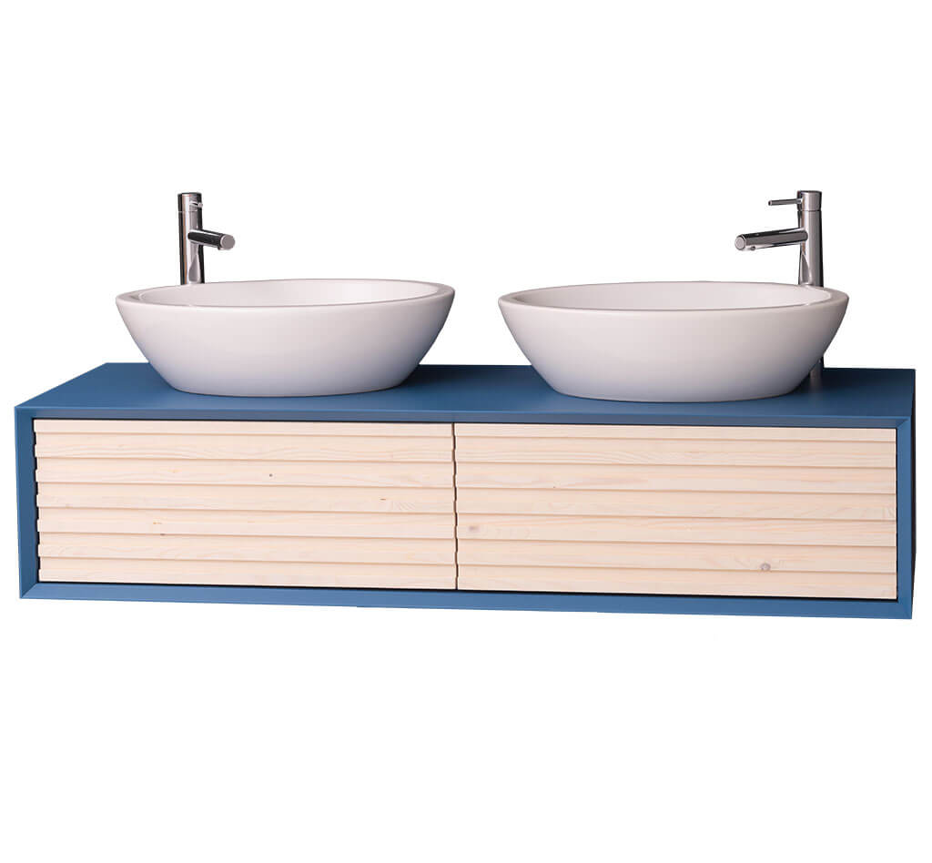 Meuble double vasque en pin massif avec deux vasques rondes blanches — Le Grenier Campagnard