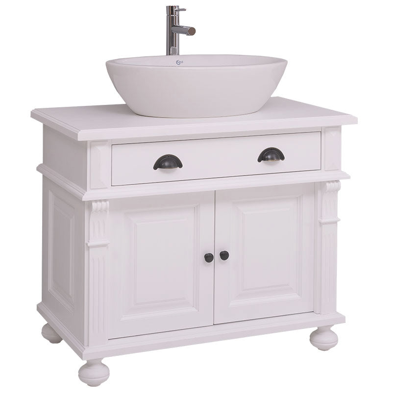meuble salle de bain blanc style classique avec vasque ronde et poignées noires