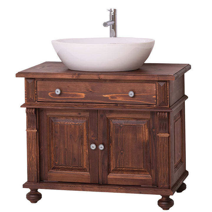 meuble salle de bain en bois massif avec vasque blanche et robinet moderne