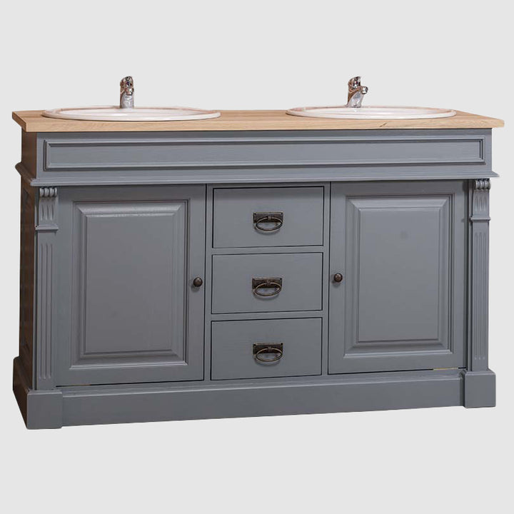 Meuble de salle de bain en pin massif gris avec plateau en chêne et double vasque