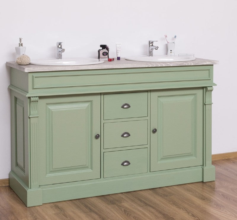 meuble de salle de bain double vasque en pin massif vert avec plateau en pin 