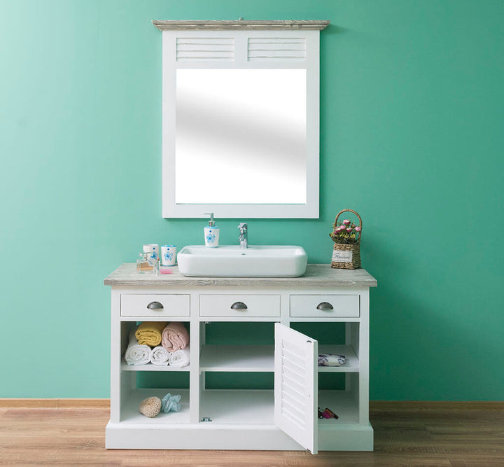 Meuble sous vasque en pin massif avec miroir dans salle de bain — Le Grenier Campagnard