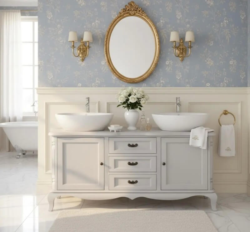 Meuble sous vasque en pin massif avec double vasque dans une salle de bain décorée — Le Grenier Campagnard
