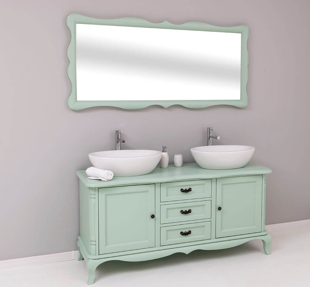 Meuble sous vasque en pin massif avec double vasque et grand miroir assorti — Le Grenier Campagnard