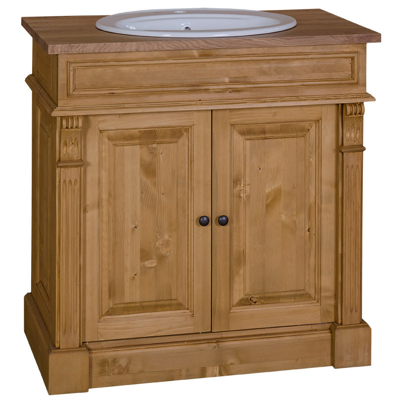 Meuble sous vasque sur pied en pin massif finition ciré miel clair avec plateau en chêne et vasque intégrée