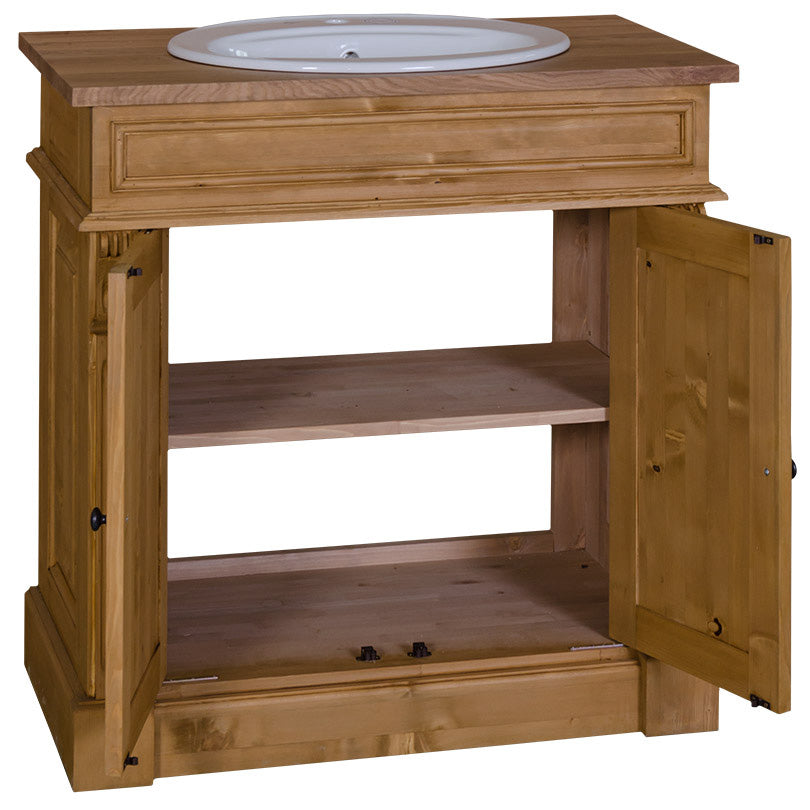 Meuble sous vasque sur pied en pin massif finition ciré miel clair avec plateau en chêne, rangements intérieurs visibles