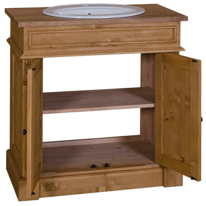 Meuble sous vasque sur pied en pin massif finition ciré miel clair avec plateau en chêne, rangements intérieurs visibles