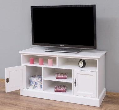 Meuble TV en pin massif avec portes ouvertes et rangements visibles