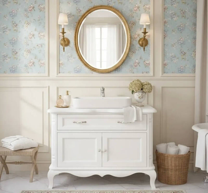 Meuble vasque en pin massif dans une salle de bain classique avec miroir doré — Le Grenier Campagnard