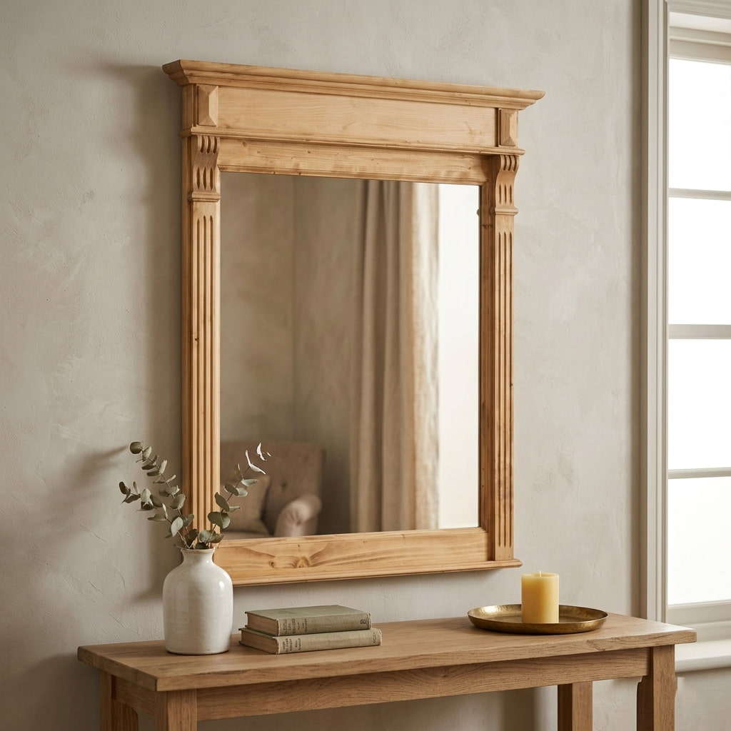 Miroir rectangulaire en bois clair avec cadre sculpté de style Louis-Philippe suspendu au-dessus d&