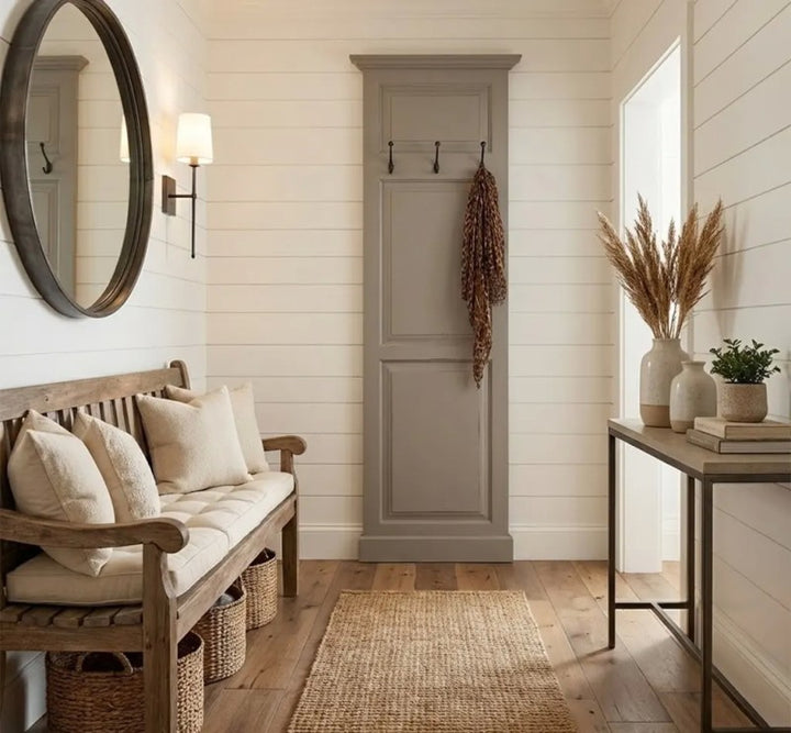 Porte-manteau en pin massif dans une entrée de style campagne chic — Le Grenier Campagnard