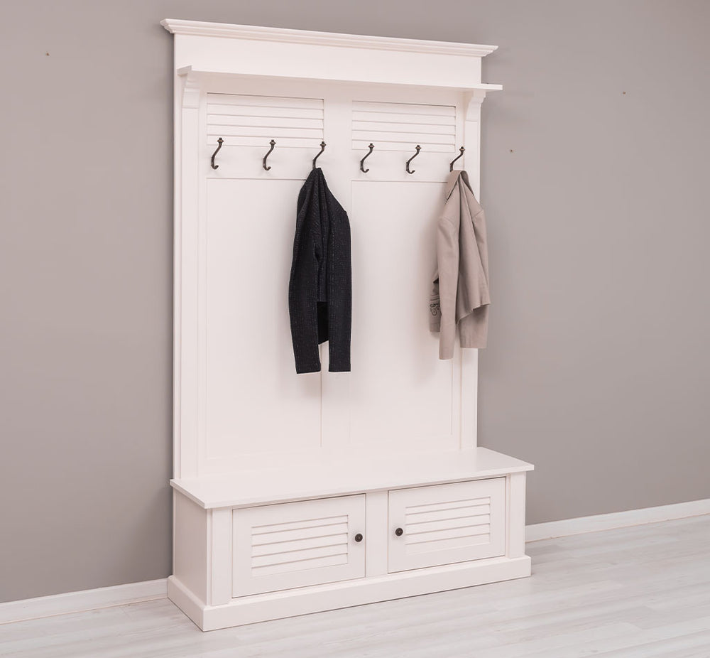 Porte-manteau en pin massif avec banc de rangement et patères de profil — Le Grenier Campagnard