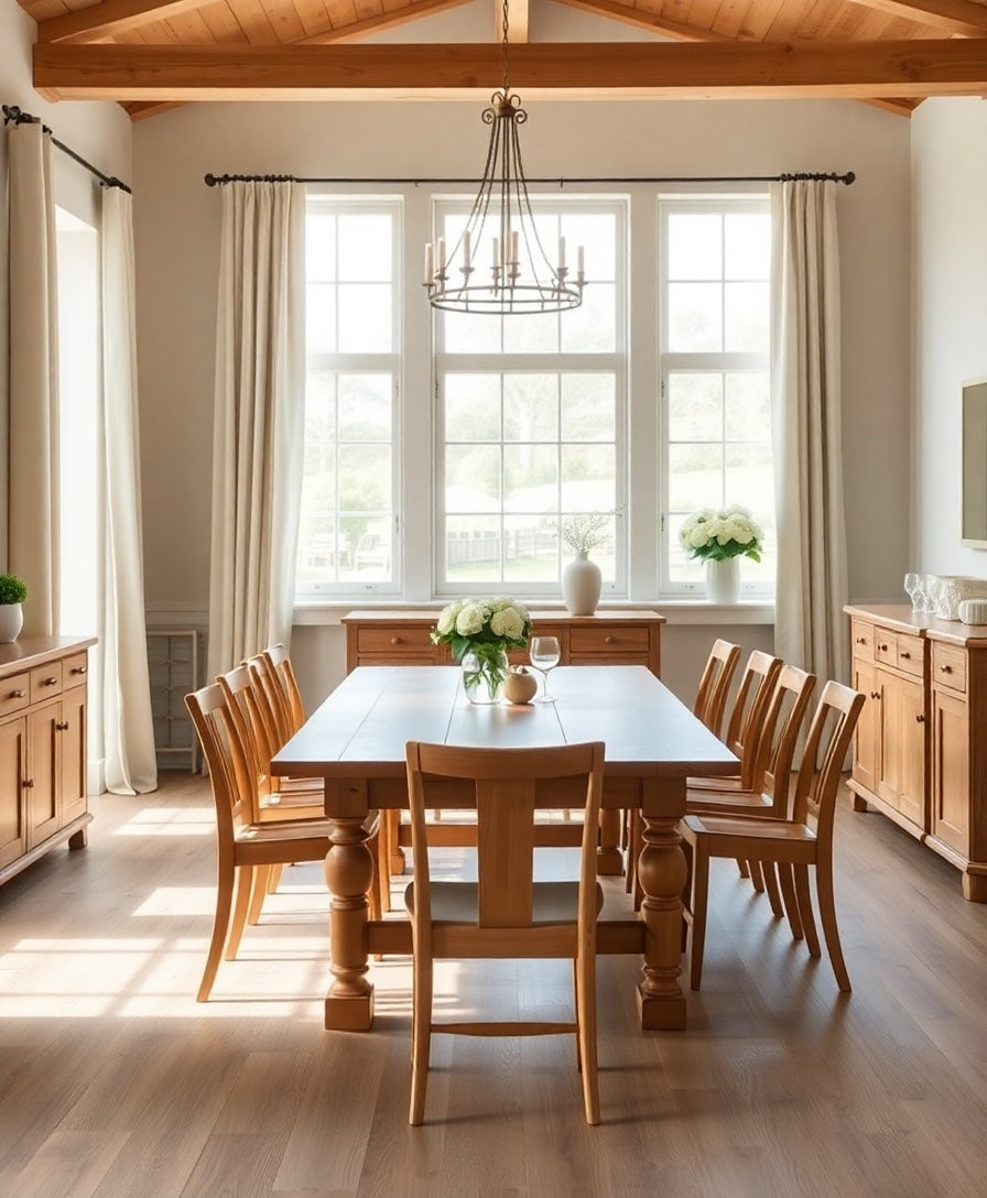 Salle à manger lumineuse avec table et meubles en pin massif dans un intérieur de style campagne française