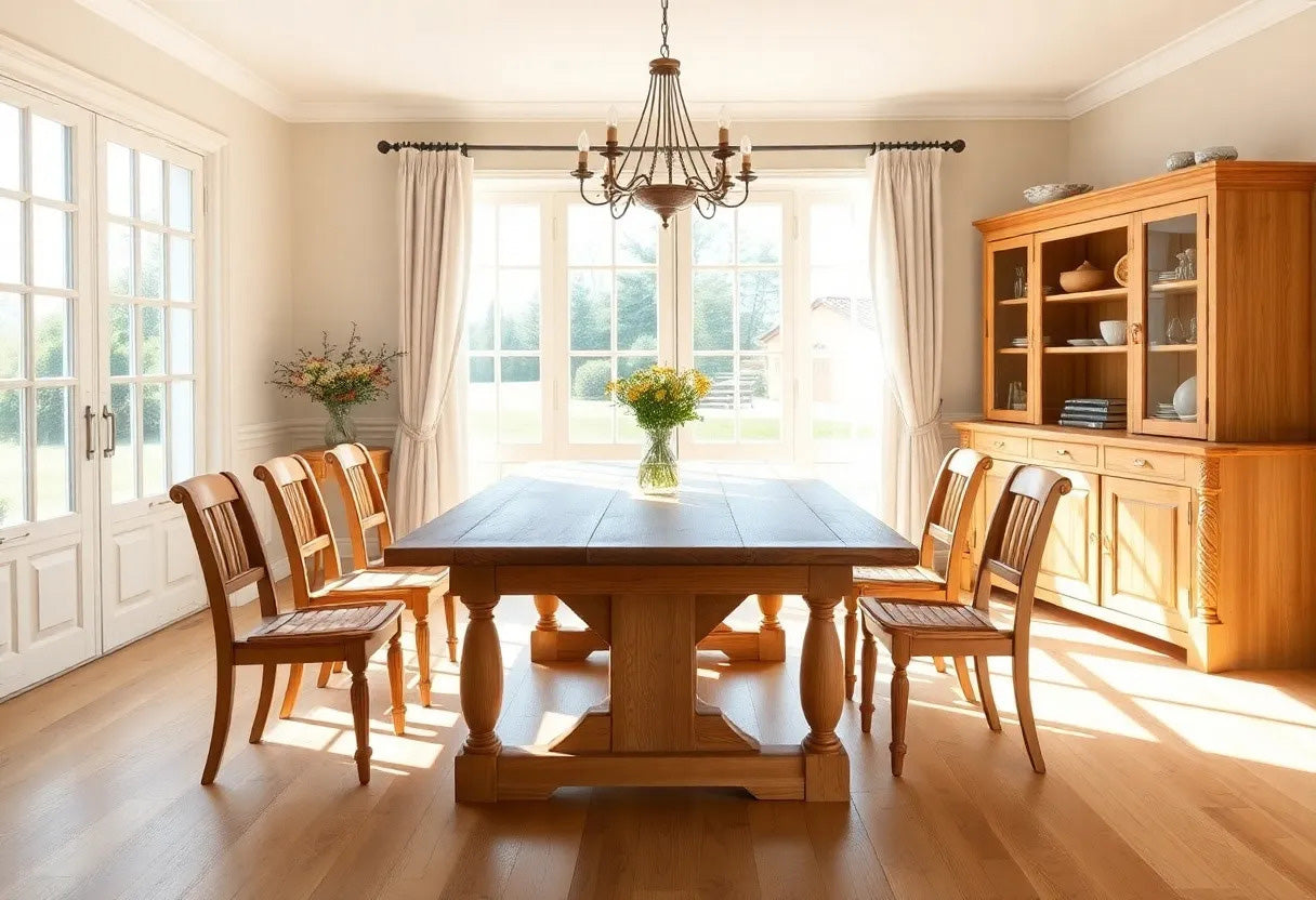 Salle à manger lumineuse avec table et meubles en pin massif dans un intérieur de style campagne