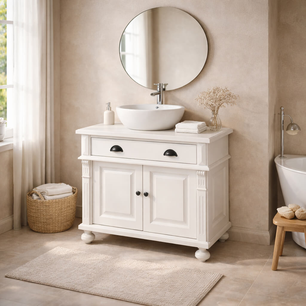 salle de bain lumineuse avec meuble blanc élégant et vasque ronde design