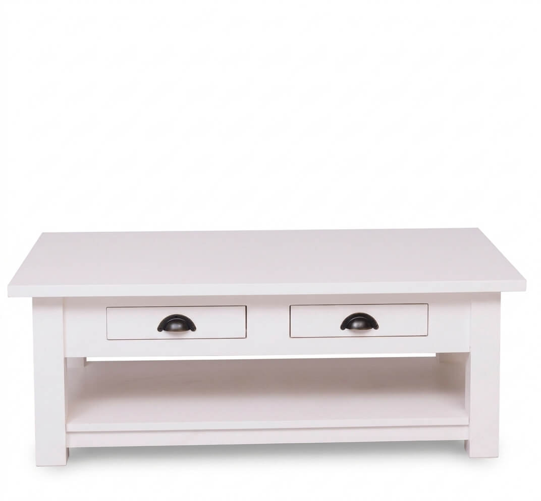 Table basse en pin massif avec deux tiroirs et une étagère inférieure — Le Grenier Campagnard