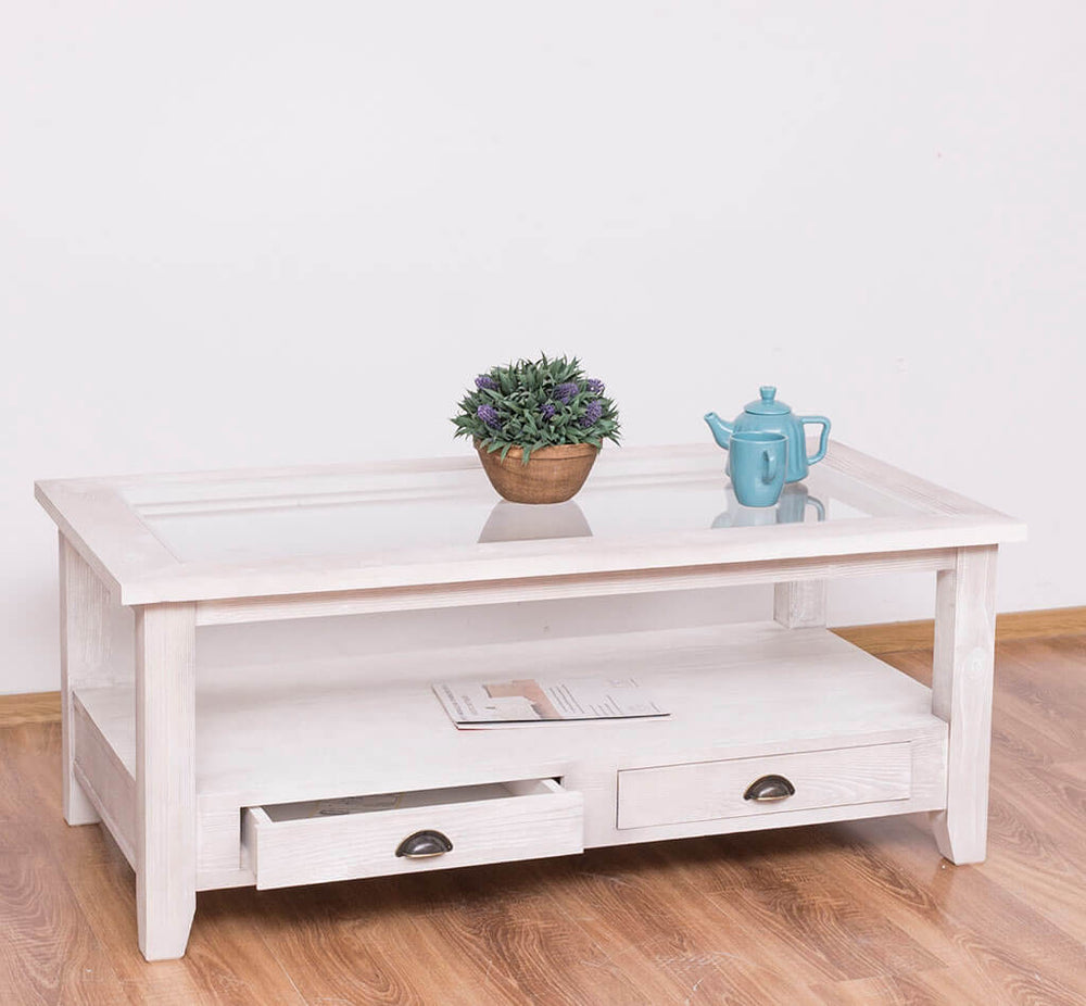 Table basse en pin massif avec tiroir et rangement ouverts — Le Grenier Campagnard