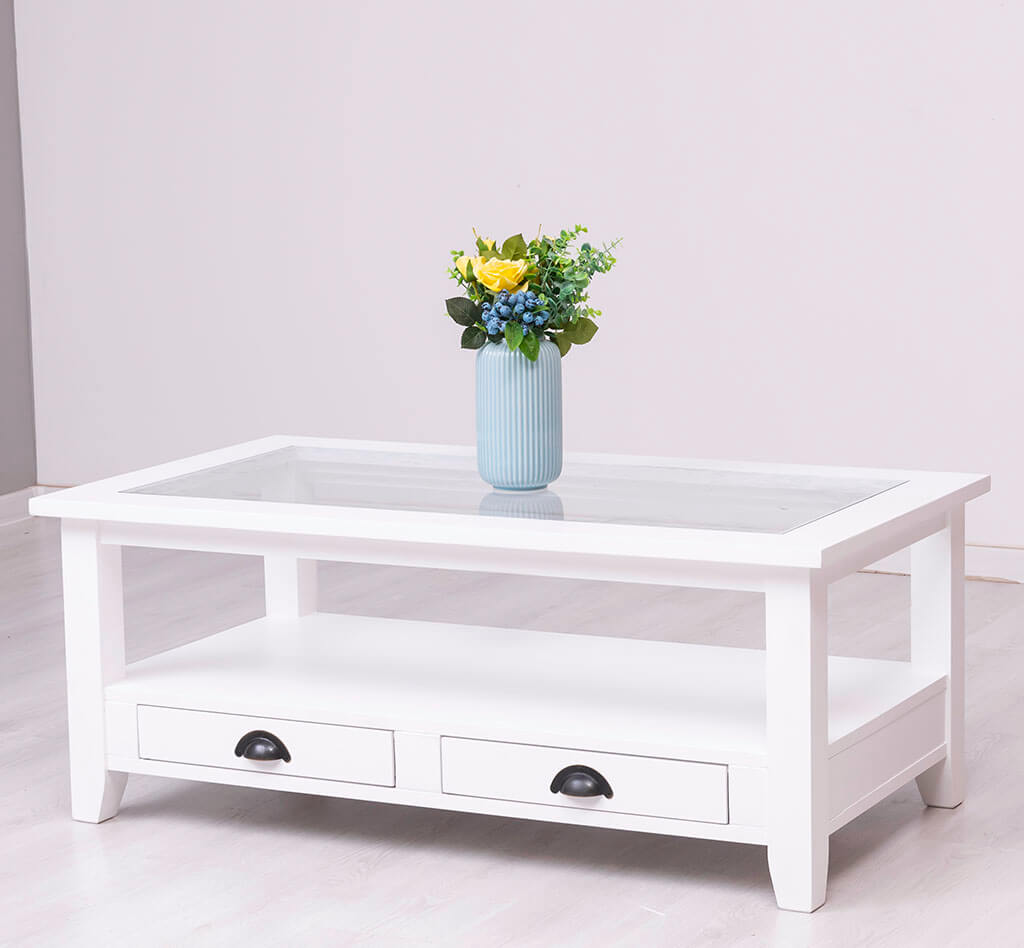 Table basse en pin massif avec plateau en verre et tiroirs — Le Grenier Campagnard