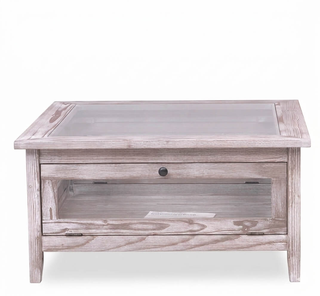 Table basse en pin massif avec vitrines latérales ouvertes — Le Grenier Campagnard