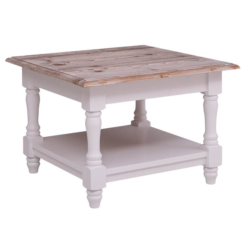 Table basse en pin massif avec plateau brossé et vase décoratif — Le Grenier Campagnard