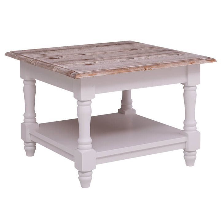 Table basse en pin massif avec plateau brossé et vase décoratif — Le Grenier Campagnard