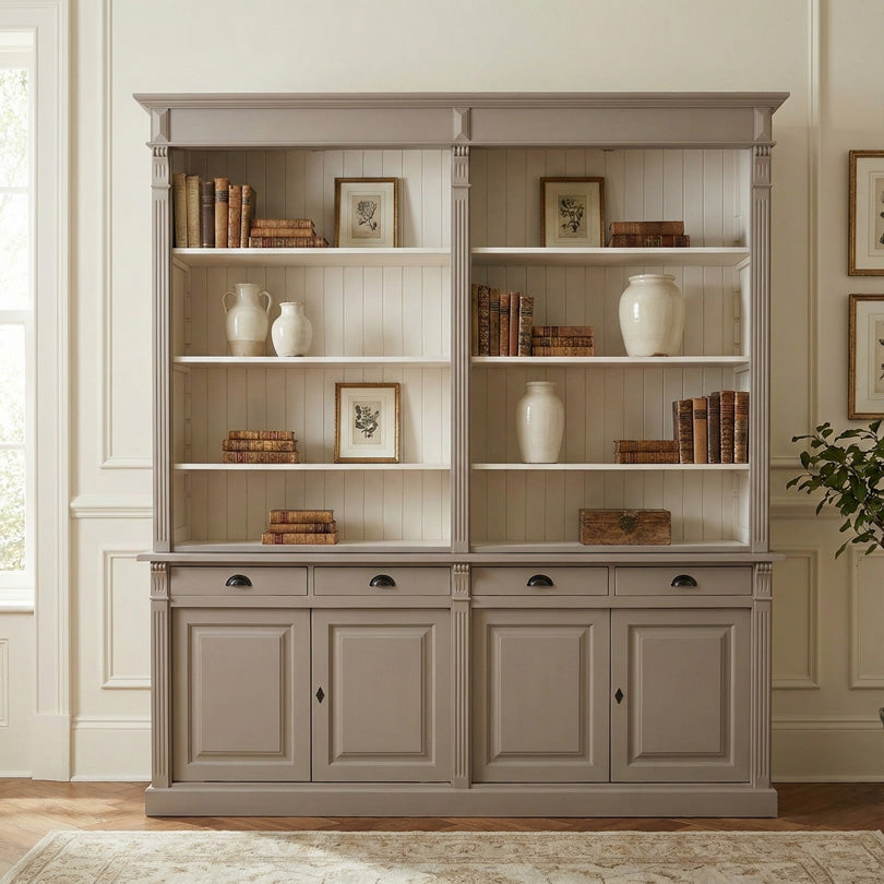 Grand buffet vaisselier en bois massif taupe, étagères blanches et rangements 4 portes 4 tiroirs.