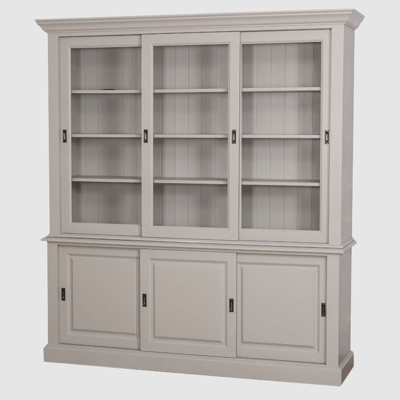 Vaisselier en pin massif avec trois portes vitrées coulissantes et étagères intérieures