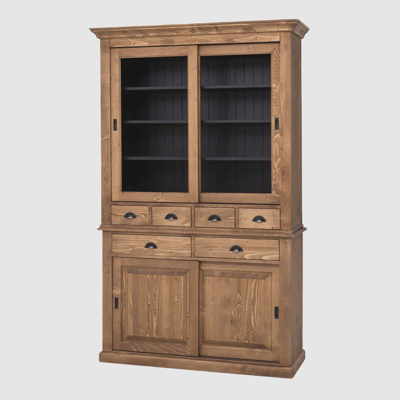 Vaisselier en pin massif avec portes vitrées et portes pleines, présenté sur fond neutre