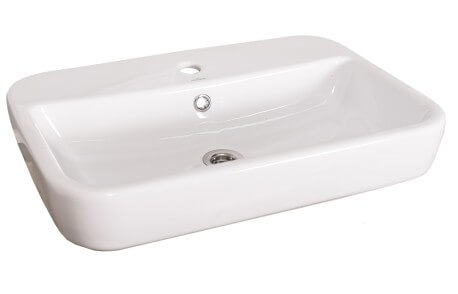 Vasque à poser rectangulaire en céramique blanche avec bords arrondis, trou de robinetterie intégré et trop-plein, modèle Sink-SQB