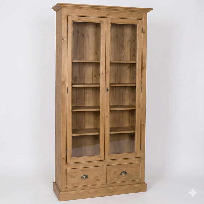 Vitrine en pin massif finition ciré miel vue de face