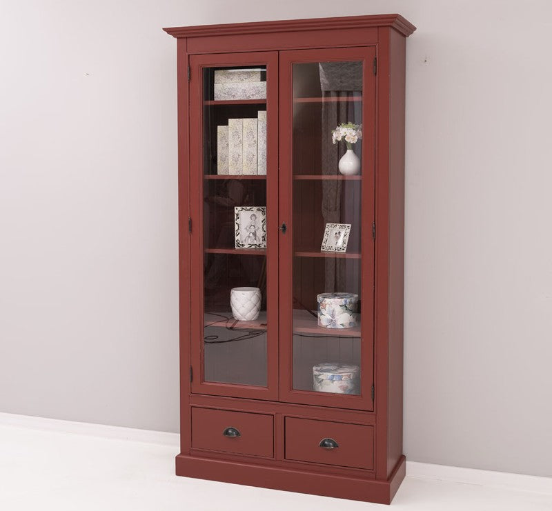 Vitrine en pin massif finition rouge terre cuite vue de face